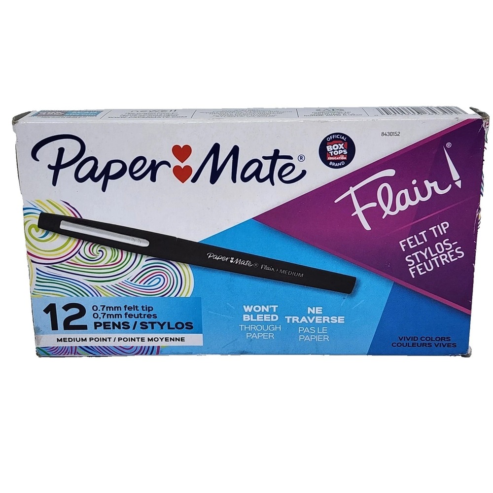 Paper Mate Flair Felt Tip Pens, Medium Point 0.7mm Black (12 Pens)